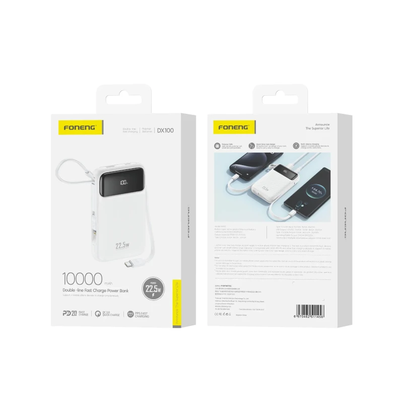 Power Bank DX100 10 000 mAh avec 2 câbles intégrés (22,5 W)