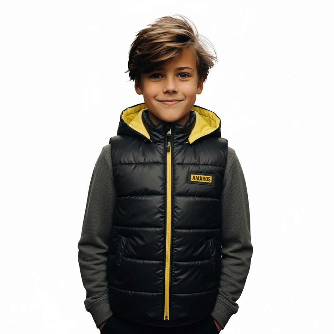 Doudoune à capuche sans manches Noir avec Jaune Garçon