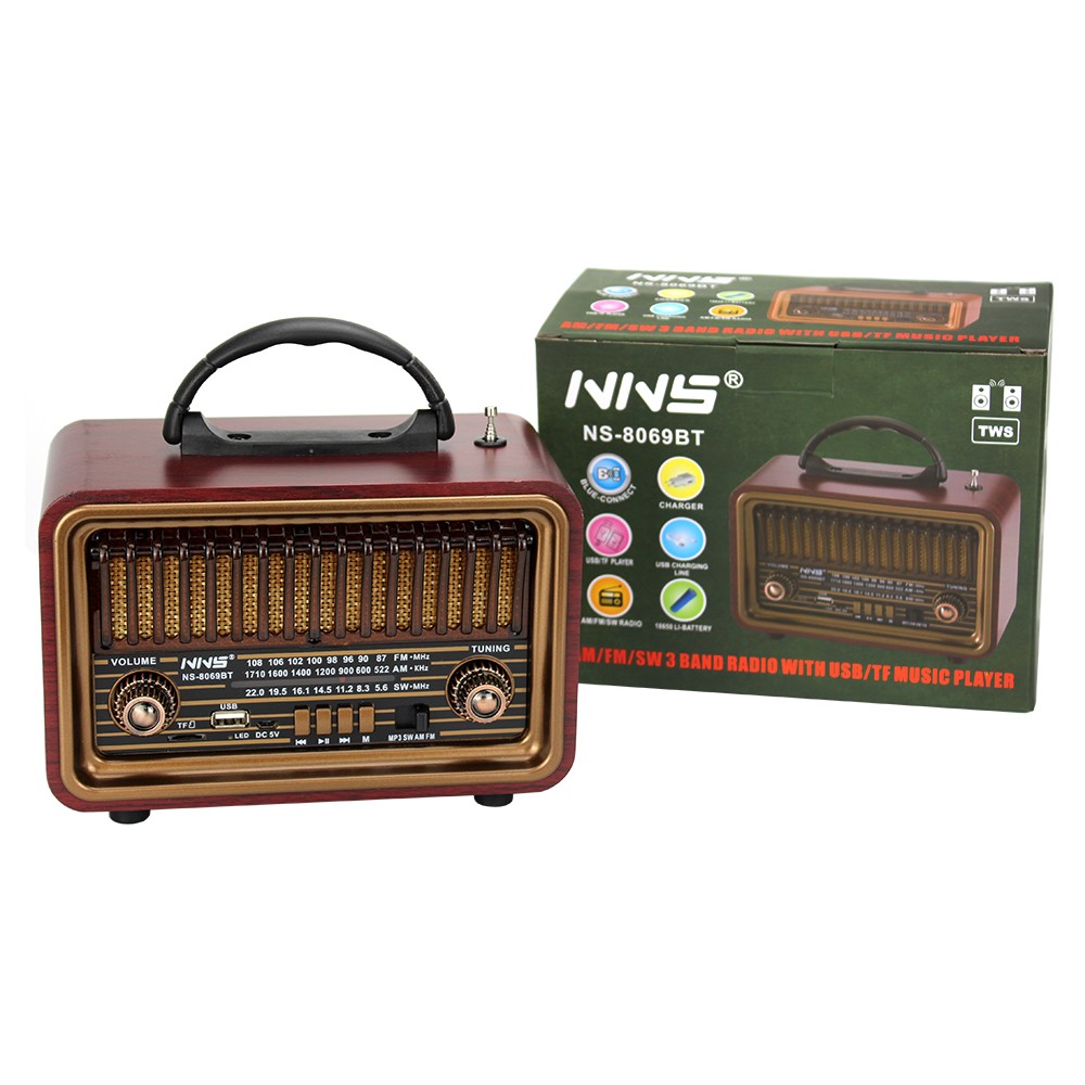 Radio FM/SW rétro en bois NS-8069BT, haut-parleur Bluetooth portable multifonction